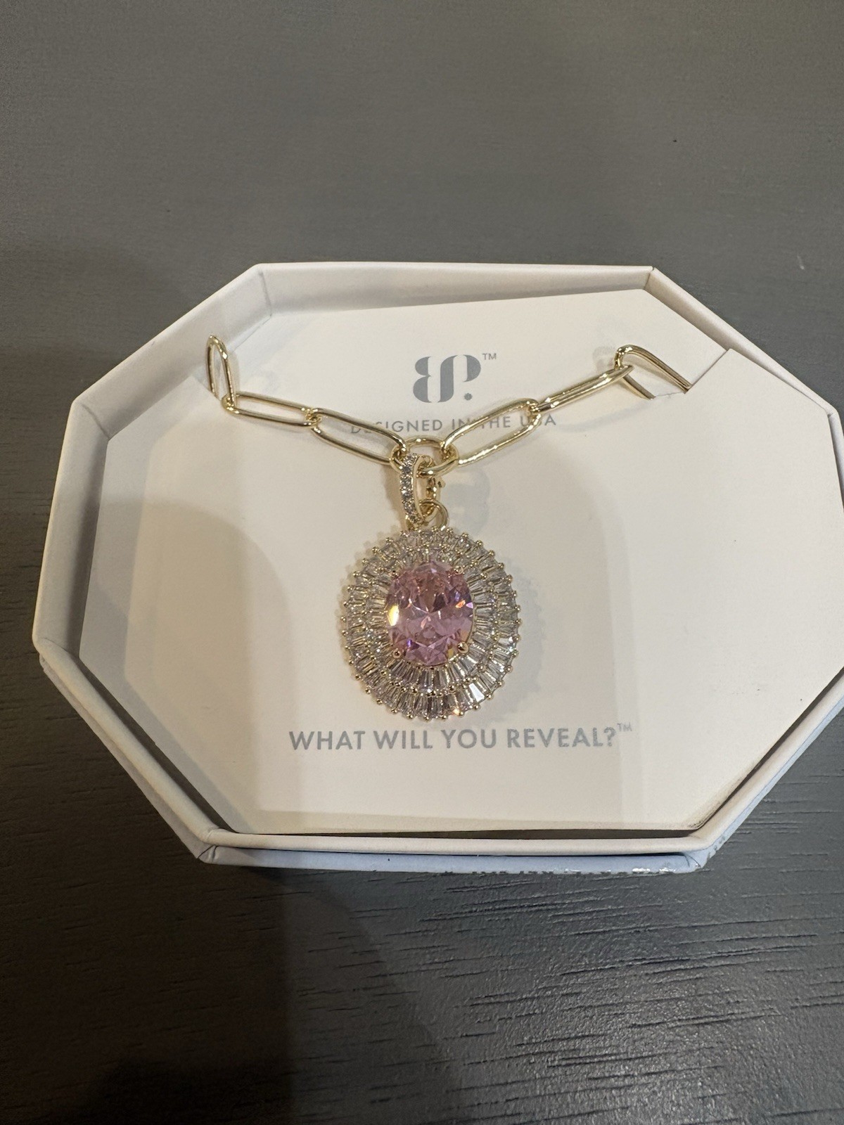 Hello Miss Gorgeous Gold Plated Rose Quartz Oval CZ Pendant Necklace 18″ NK84186