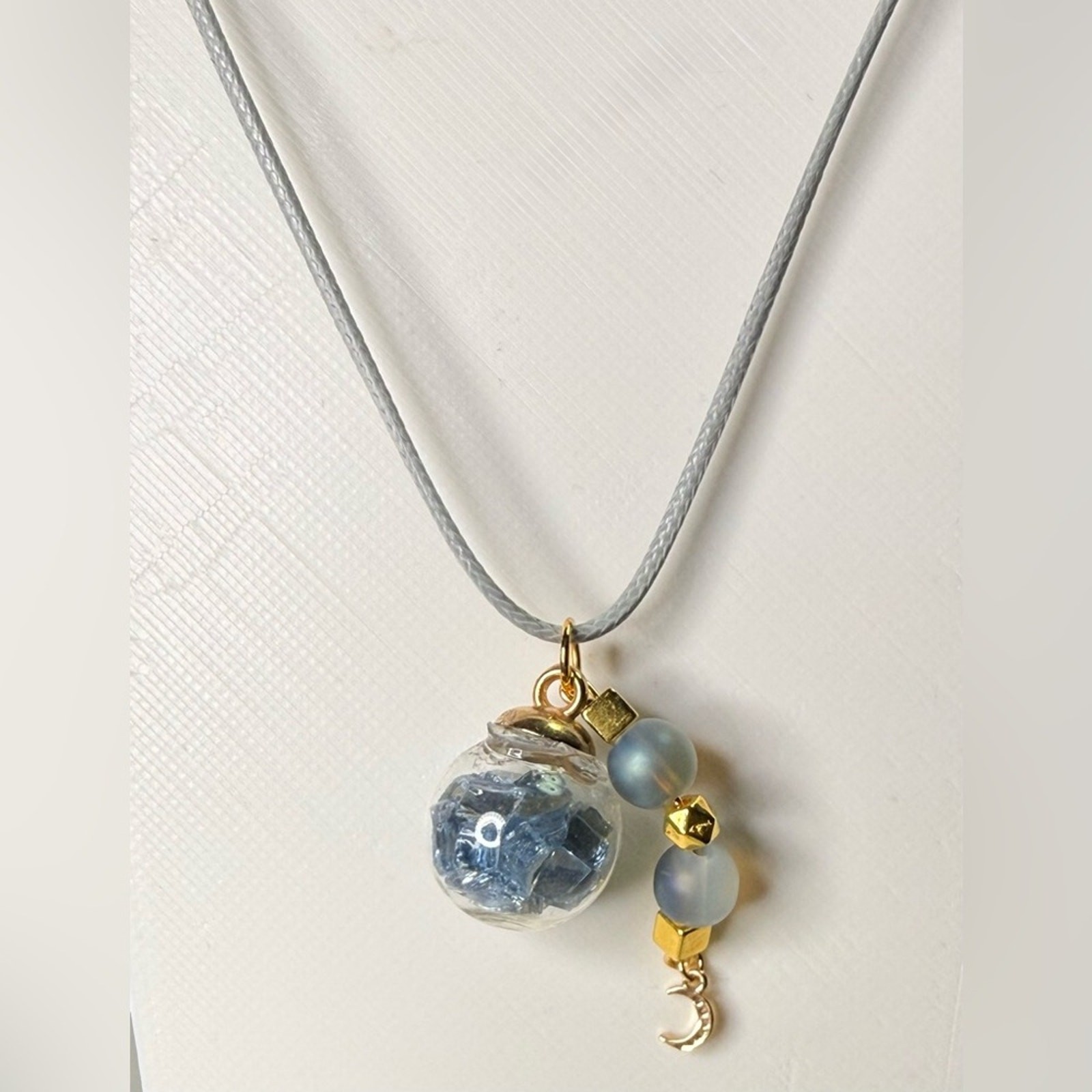 Crystal Filled Glass Globe Necklace • Moon Charm • Handmade • 18” Cord