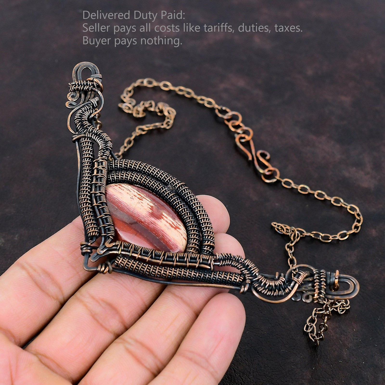 Oval Red Snakeskin Jasper Stone Engagement Wire Wrapped Necklace Jewelry Copper