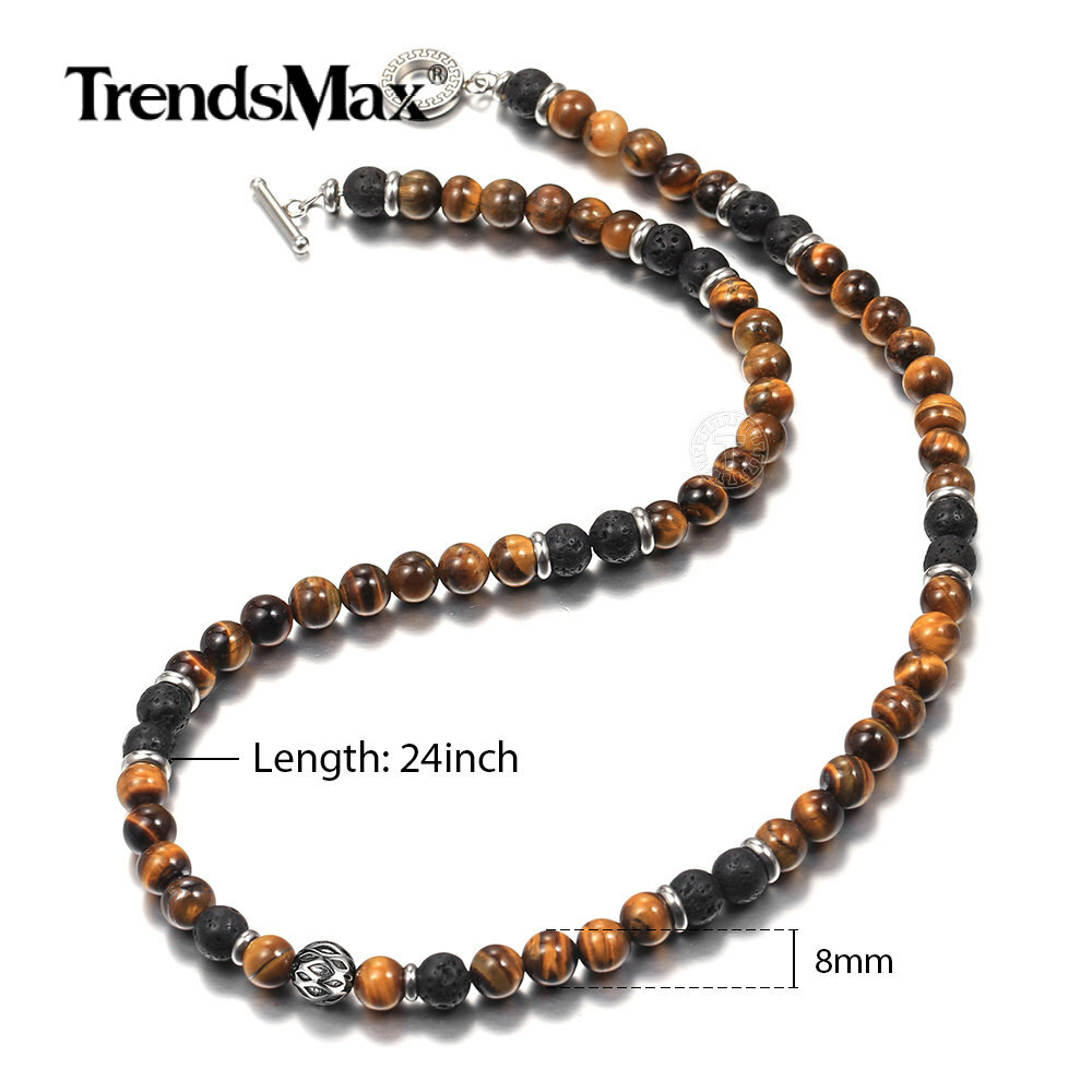 8mm 24″ Natural Tiger Eye Stone Lava Beads Necklace Stainless Steel Charm Choker