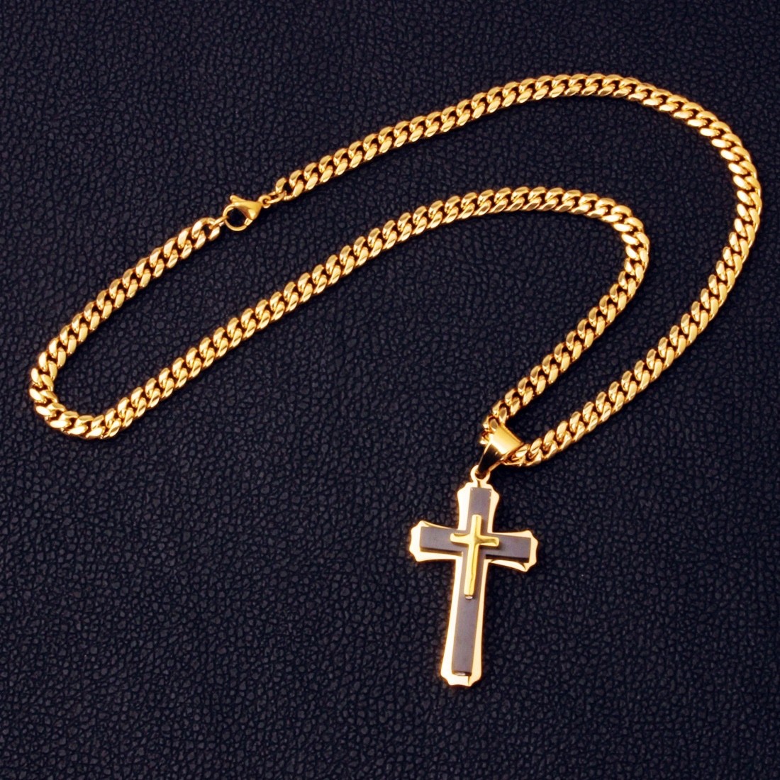 Men’s Stainless Steel Cross Necklace Cuban Chain Pendant Gold Silver Black 24