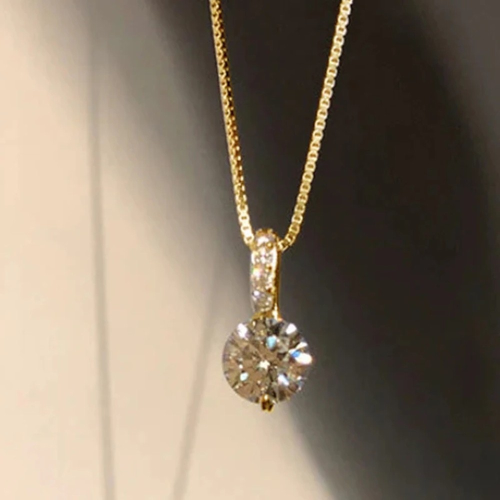 Luxury Gold Tone Sparkling Round CZ Solitaire Crystal Pendant Box Chain Necklace