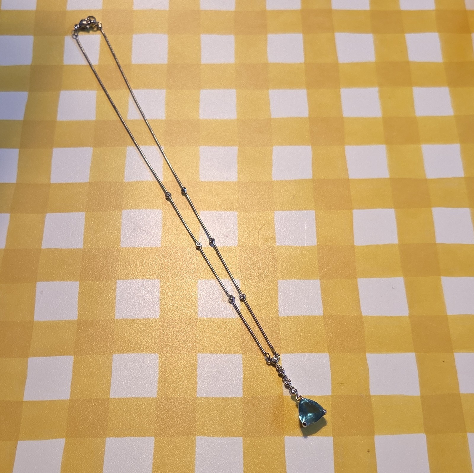Silver Tone Snake Chain Necklace Blue Trillion Crystal Triangle Charm Pendant