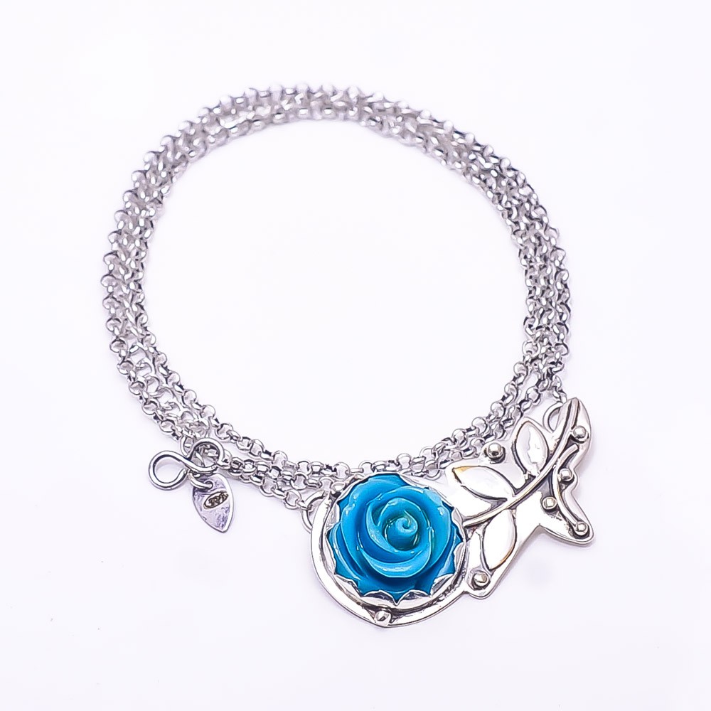 Carved Sleeping Beauty Turquoise Flower 925 Silver Chain Pandent 17.99″ CP440246