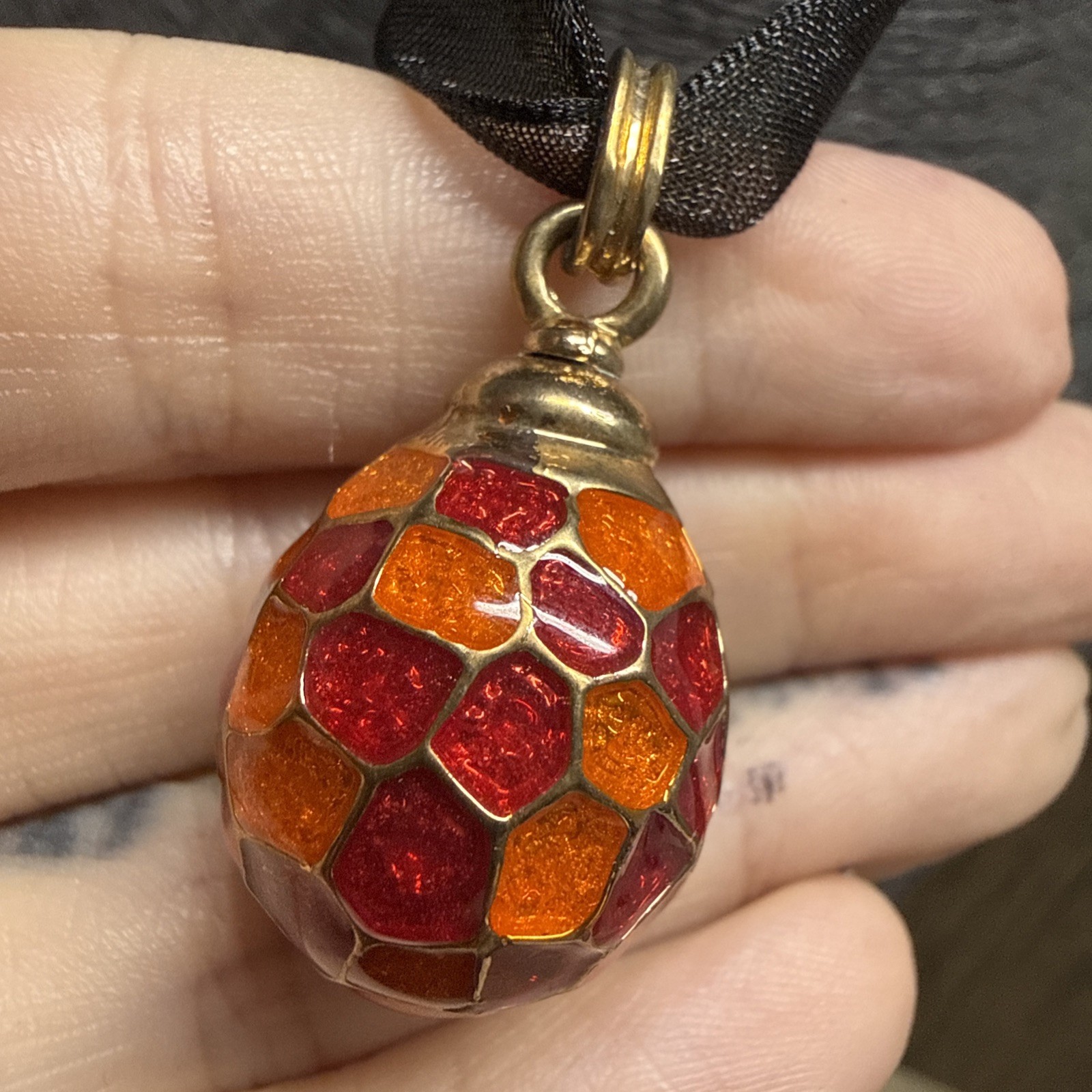 RETRO Enamel Egg Pendant Necklace 46cm/18″ Ribbon Black Orange Red Pretty Kitsch