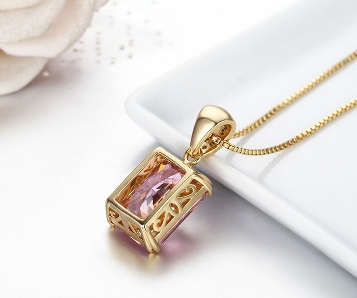 ZARD Pink CZ Solitaire Emerald Cut Pendant Necklace in Gold Vermeil