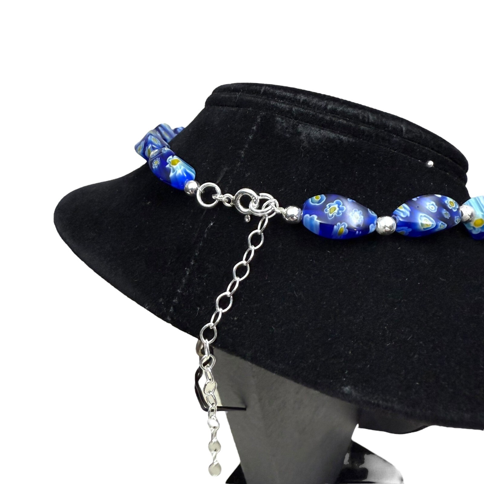 925 Silver Blue Millefiori Glass Beaded Necklace Floral Collar Accent 7.5 in L