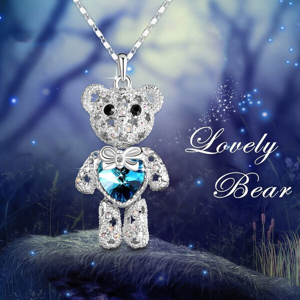 925 Sterling Silver I Love you Heart Blue Topaz Teddy Bear Pendant Necklace