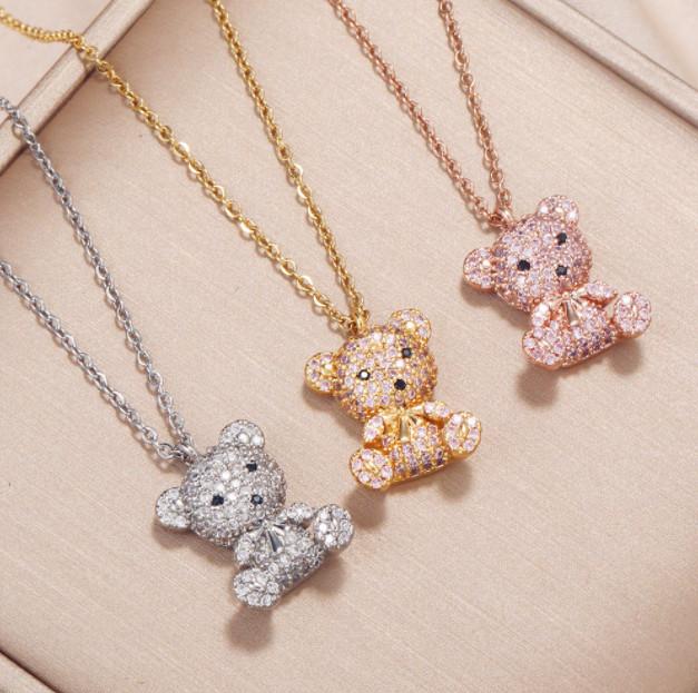 Cute 3D Teddy Bear Silver/Gold/Rose Gold Pave Cubic Zirconia Pendant Necklace