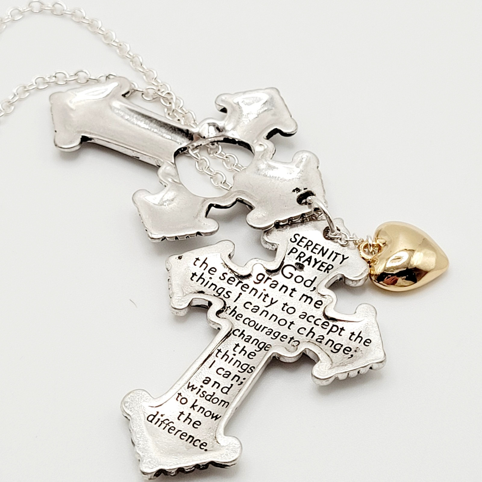 Modern Slide Cross Heart Charm Serenity Prayer Roman Style Silver Tone Necklace