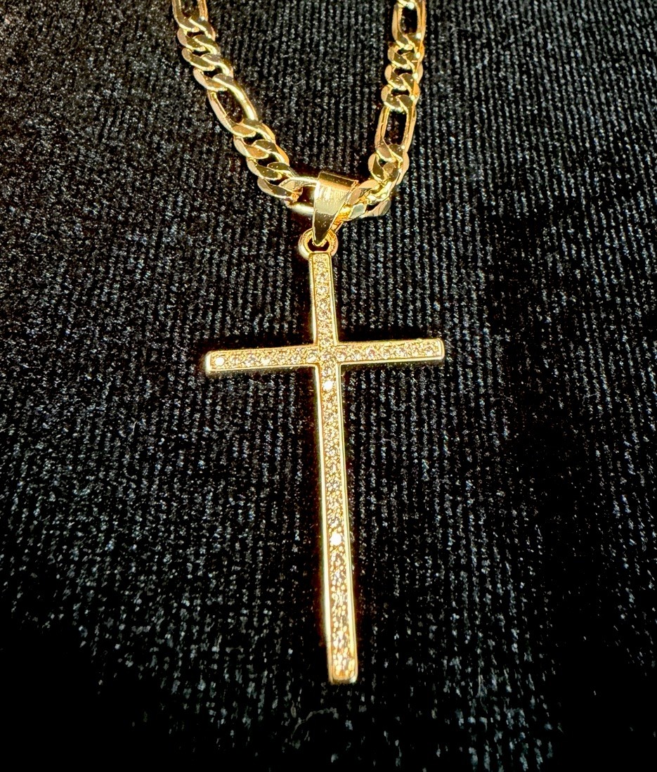 Dainty 18in 4MM Figaro Necklace Cross Pendant Religious 14K GP CZ Stones