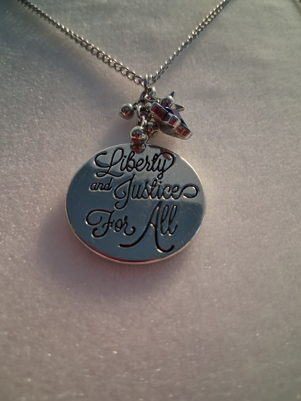 2 Long Silver Tone Cable Chain Round Charm Pendant Necklace “Liberty & Justice”