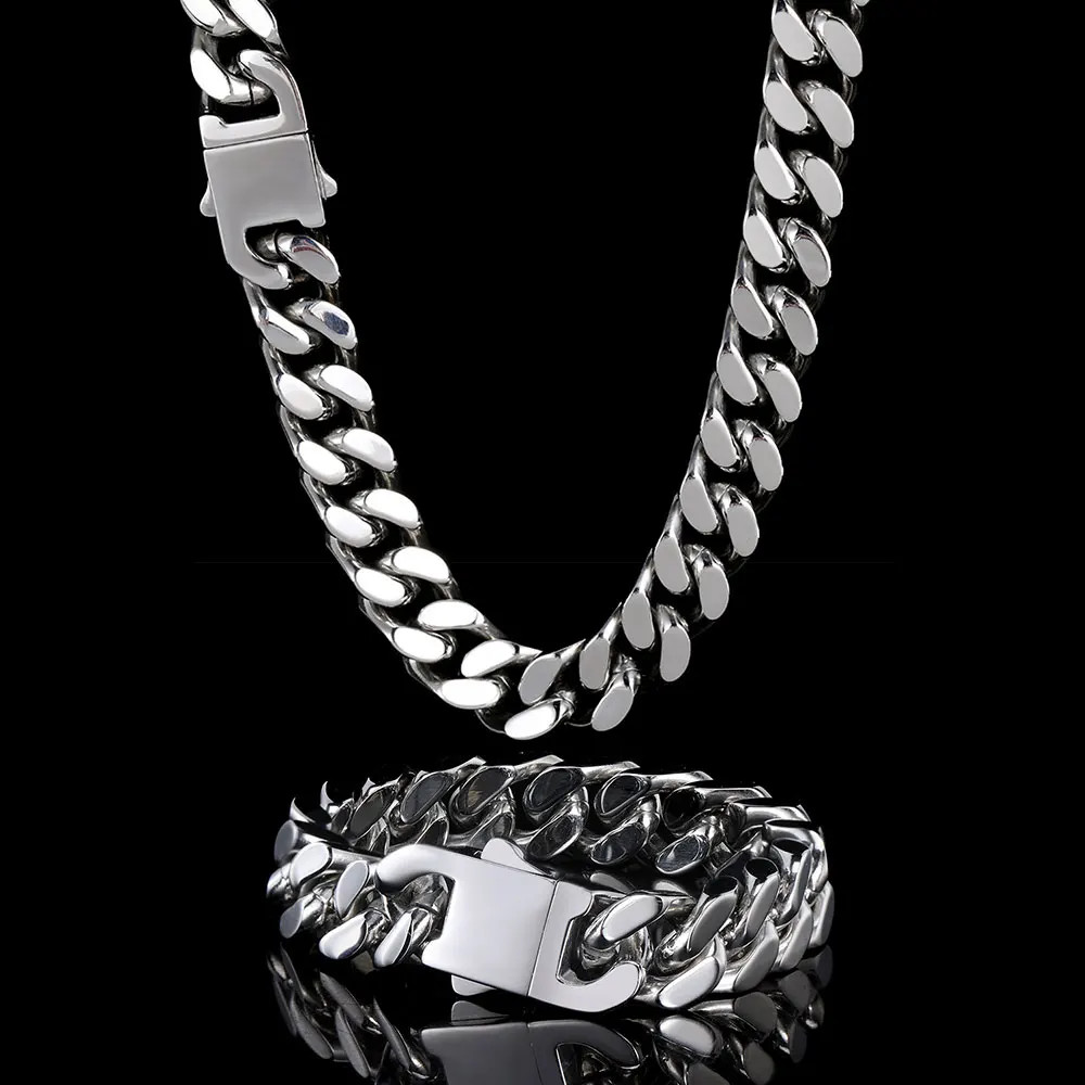 Cuban Link Chain Necklace Stainless Steel Flat Curb Wide Heavy Link Jewelry