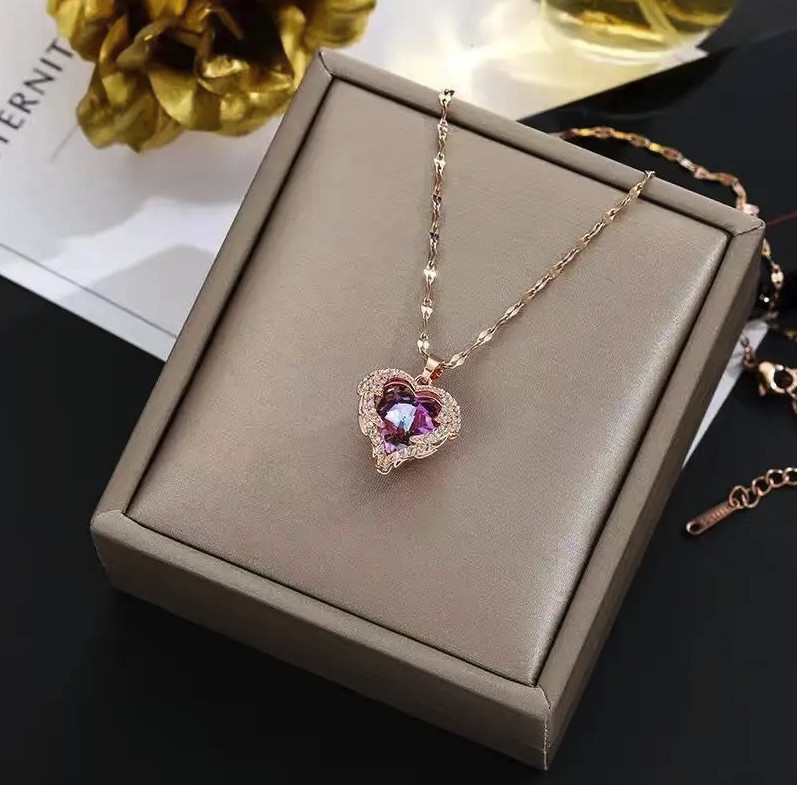 1pc Colorful Crystal Ocean Heart Necklace Women Stainless Steel Chain – NEW