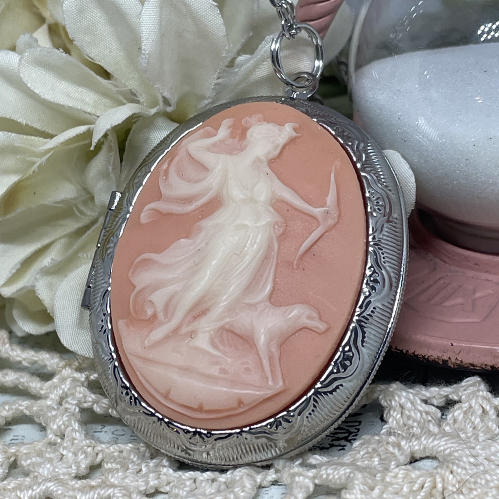 Peach Silver Anniversary gift birthday Aphrodite Roman ARTEMIS Locket Necklace