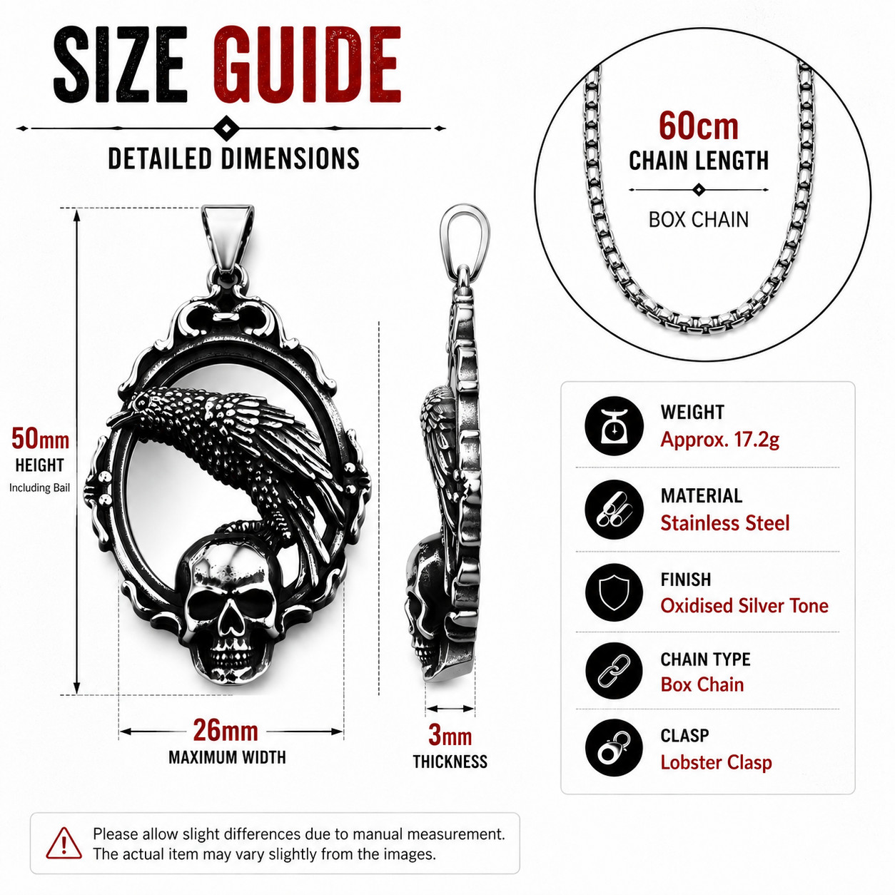 Men’s Gothic Raven Skull Mirror Necklace Antique Silver Pendant Chain Biker Gift