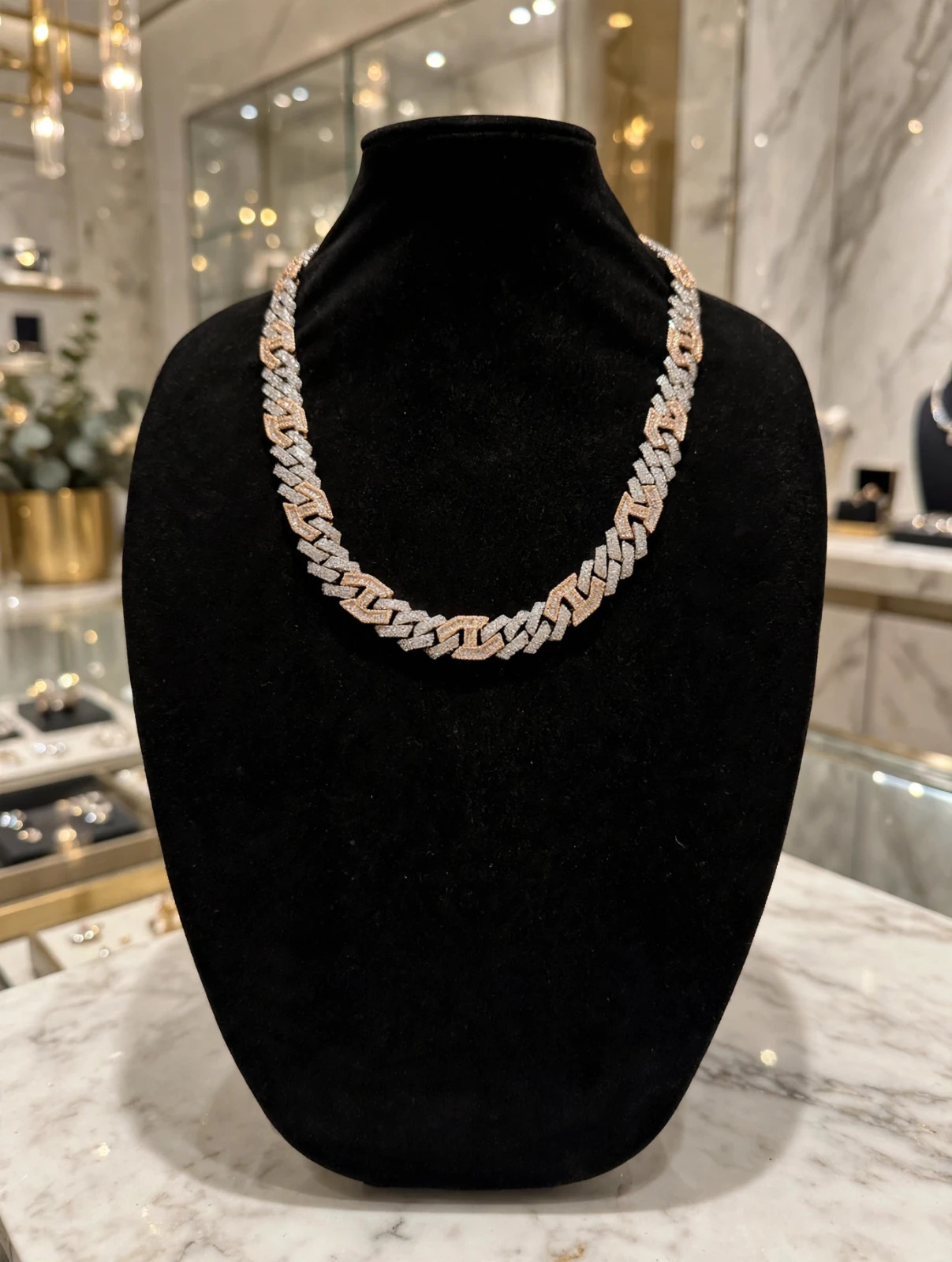 14k STAMPED 14mm FIGARUCCI Two-Tone Rose Gold Chain 80.7ct Lab Sim VVS1 Diamond