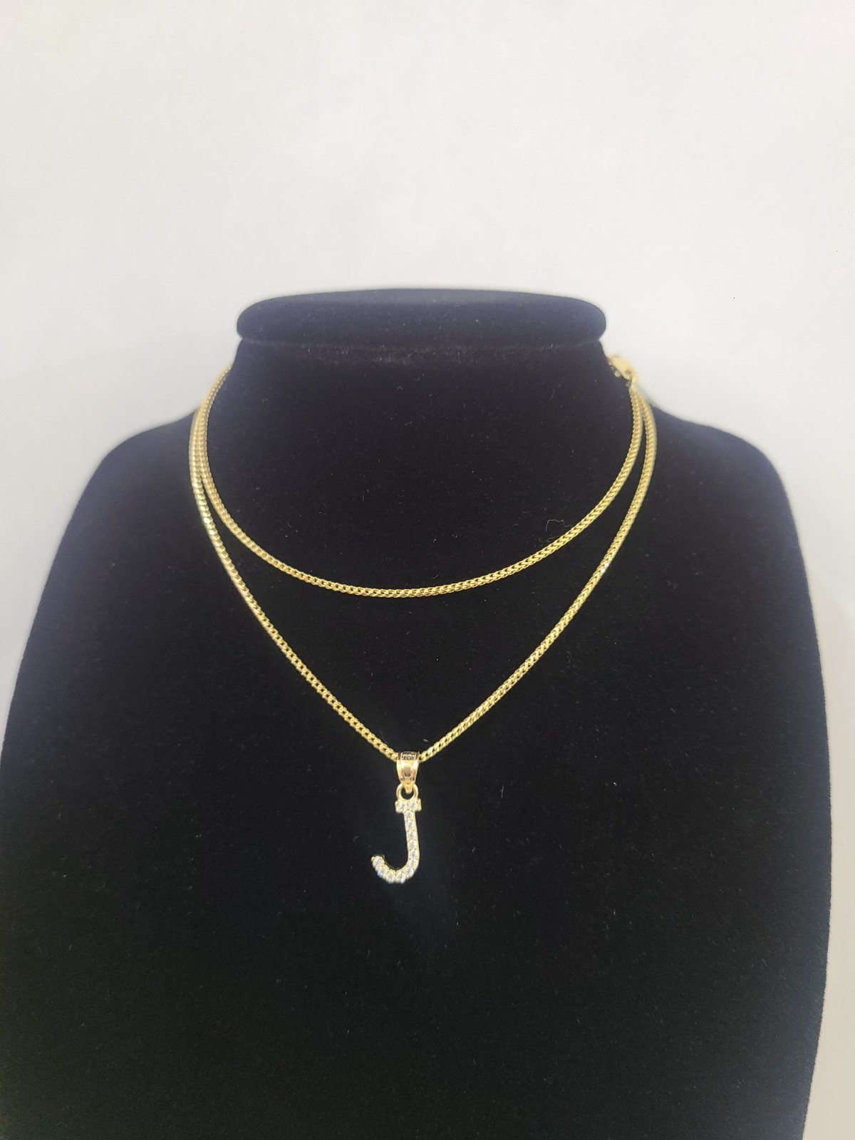 10K Gold Solid Franco Chain J Initial CZ Stone Pendant Set 1mm 16 18 20 22 Women