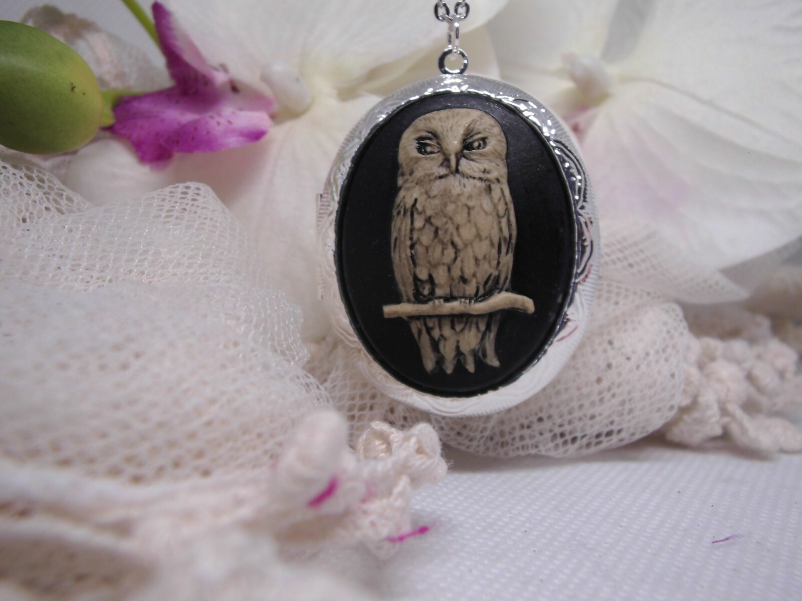 Barn Tree Owl Locket cameo Necklace Photo Memory Keepsake box Pendant pill box