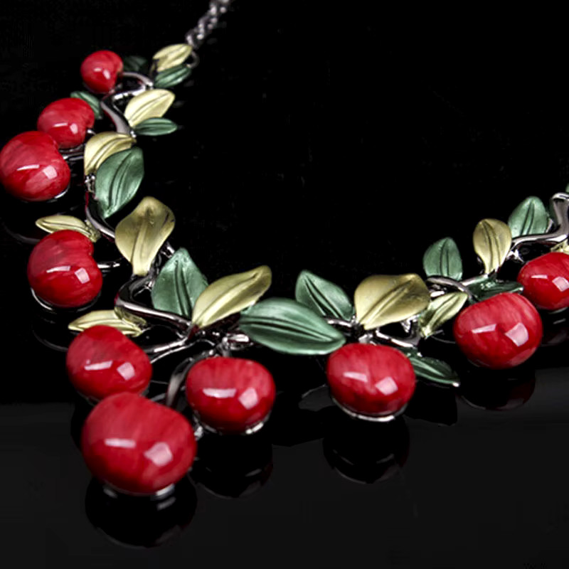 Sweet Red CHERRY Leaf Blossom Choker Betsey Johnson Enamel Necklace Earrings SET