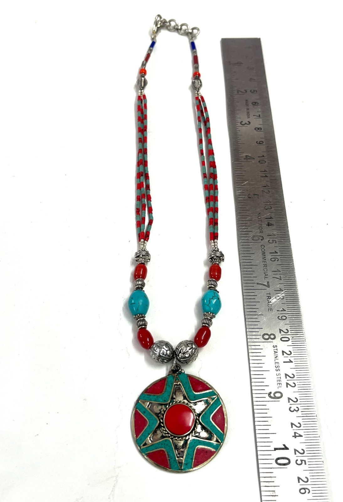 Handcrafted Red Coral Turquoise Gemstone Tibetan Necklace Jewelry, 17 Inch Adjs