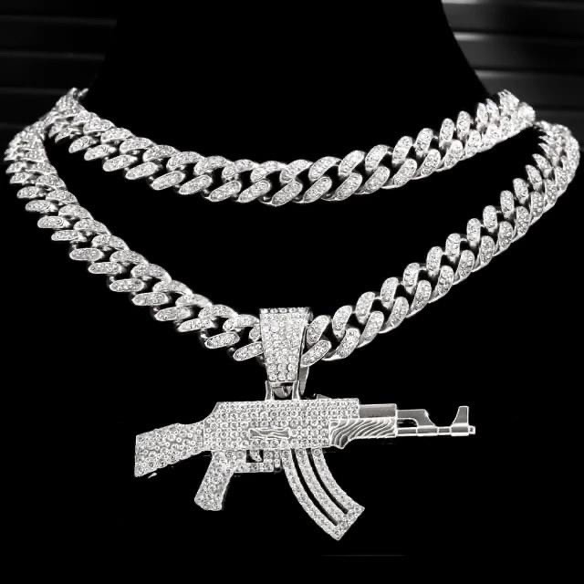 14K White Gold Plated AK-47 12MM CZ’s Iced Out Cuban Link Necklace