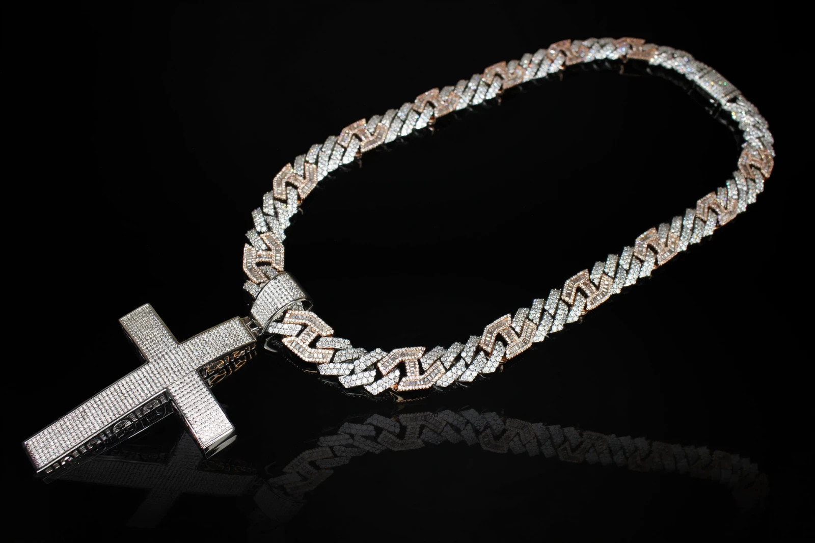 14k Stamp XL CROSS Pendant 14mm FIGARUCCI 2Tone Rose Chain 98ct Lab Sim Diamond