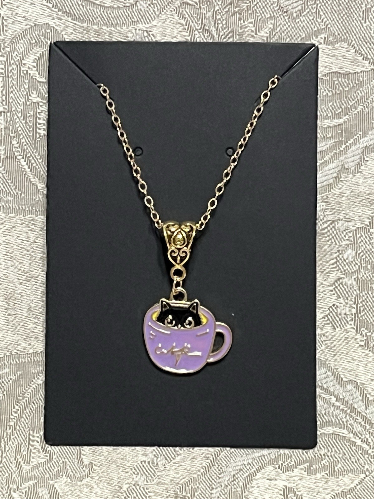 Cat Purple Coffee Cup Enamel Pendant Gold Bohemian Novelty Fashion Necklace 18”