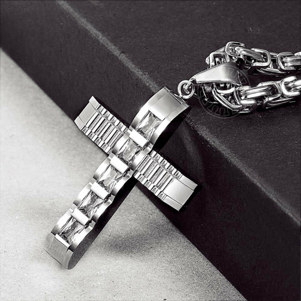 Cubic Zirconia CZ Cross Necklace Pendant Stainless Steel Byzantine Box Chain Men