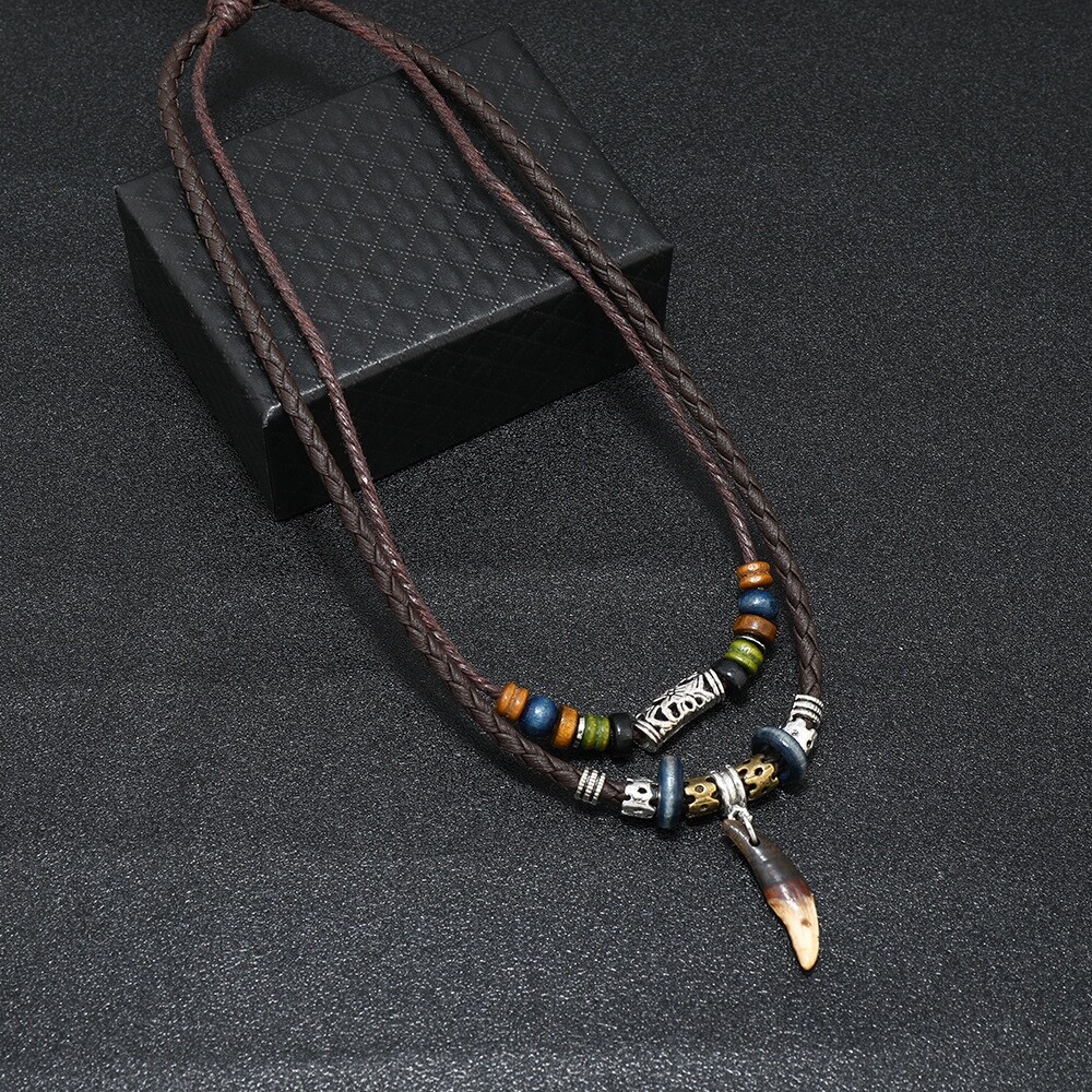 Men’s Fashion Jewelry Brown Leather Beaded Weave Rope Tooth Pendant Necklace 420