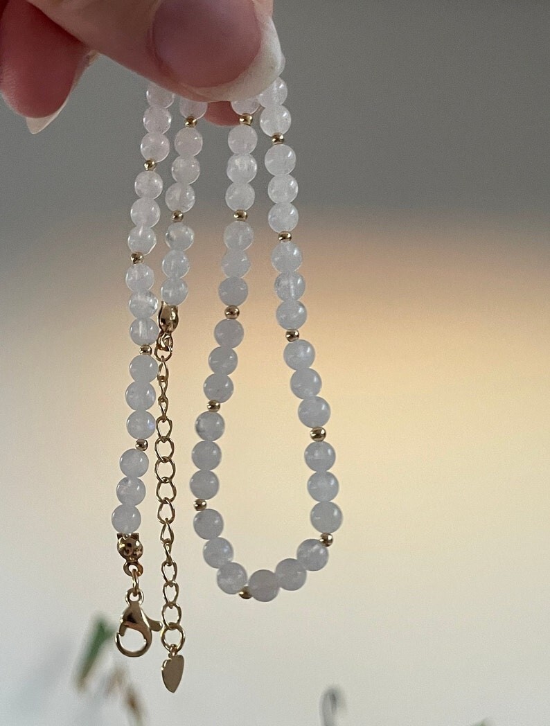 White Moonstone Smooth Round Gemstone Gold Filled Beads Handmade Necklaces 18”