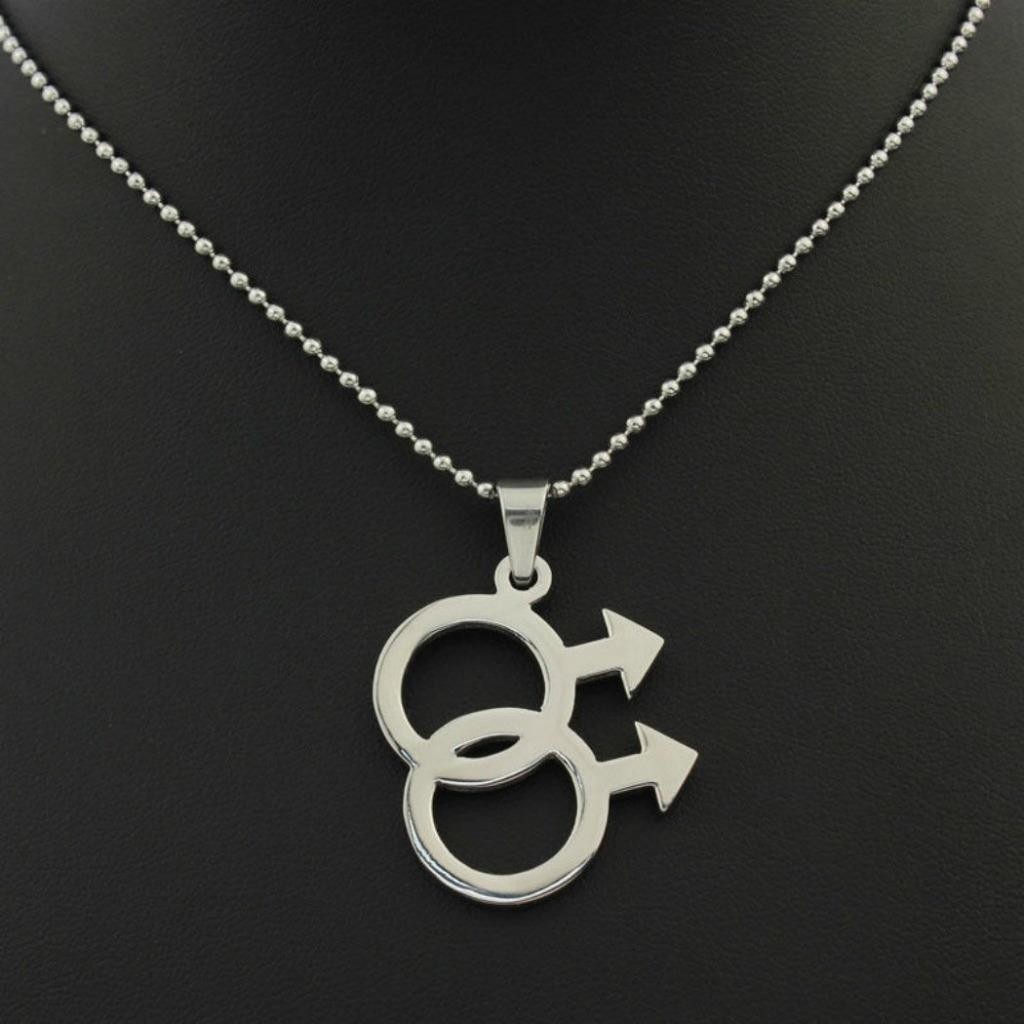 DOUBLE MALE SYMBOL NECKLACE Stainless Steel Chain Pendant LGBTQ Gay Pride Mars
