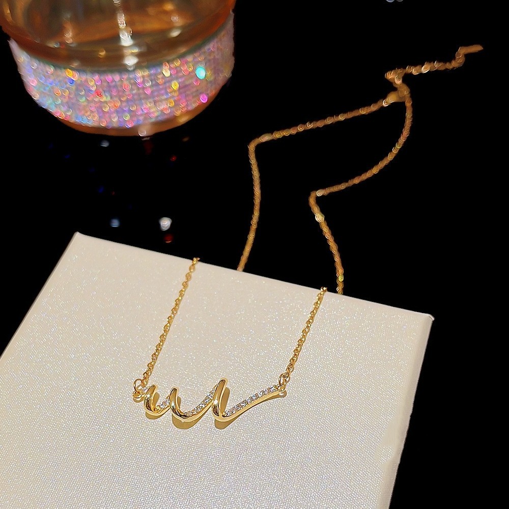 Gold Plated Wave Heartbeat Pendant Tiny Paved CZ Thin Chain Clavicle Necklace