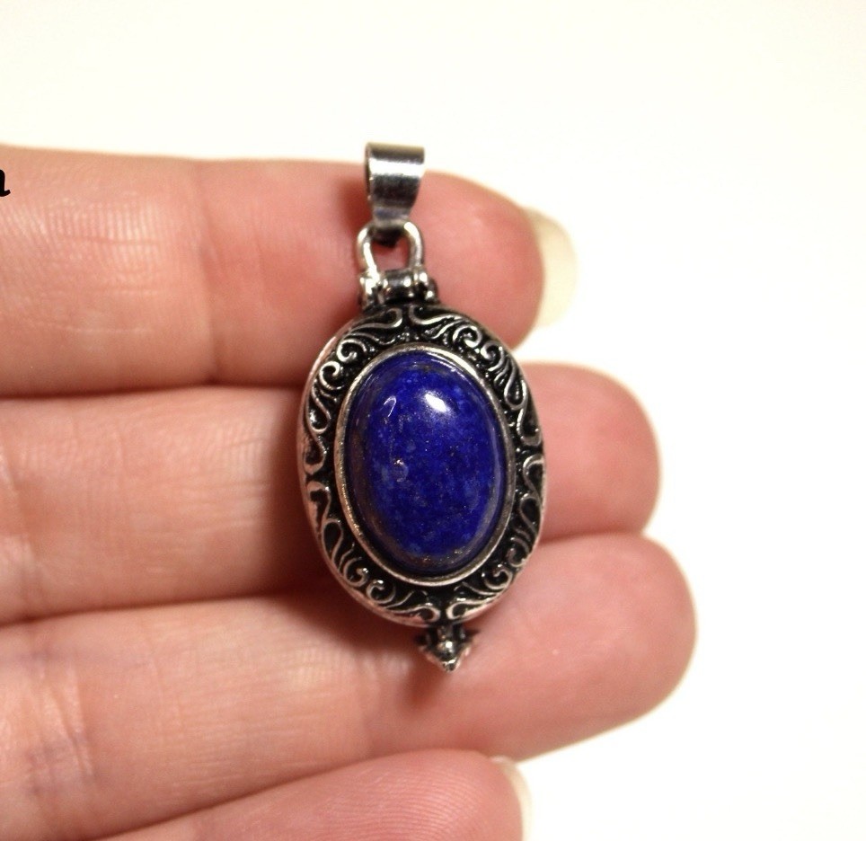 Lapis Lazuli Locket Pendant, Sterling Silver Plated Poison Pendant