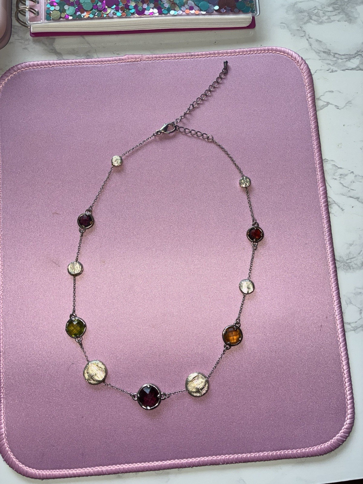 Silver-Tone Station Cable Chain Necklace Bezel Multicolor Round Glass Adjustable