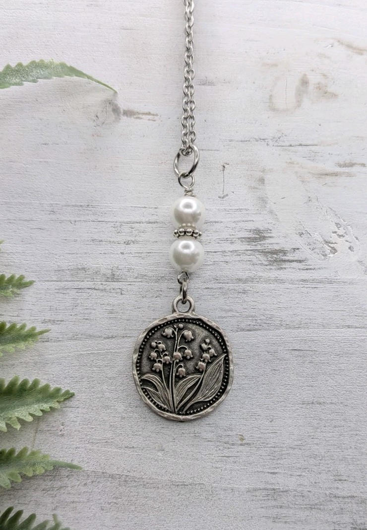 Silver Lily Of The Valley Pendant Necklace With White Pearls / Flowers Gift