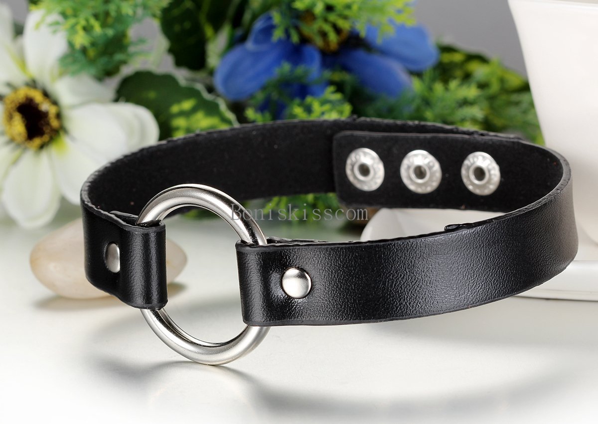 Punk Handmade Black Leather Choker Collar Necklace w Silver Tone Round Hoop