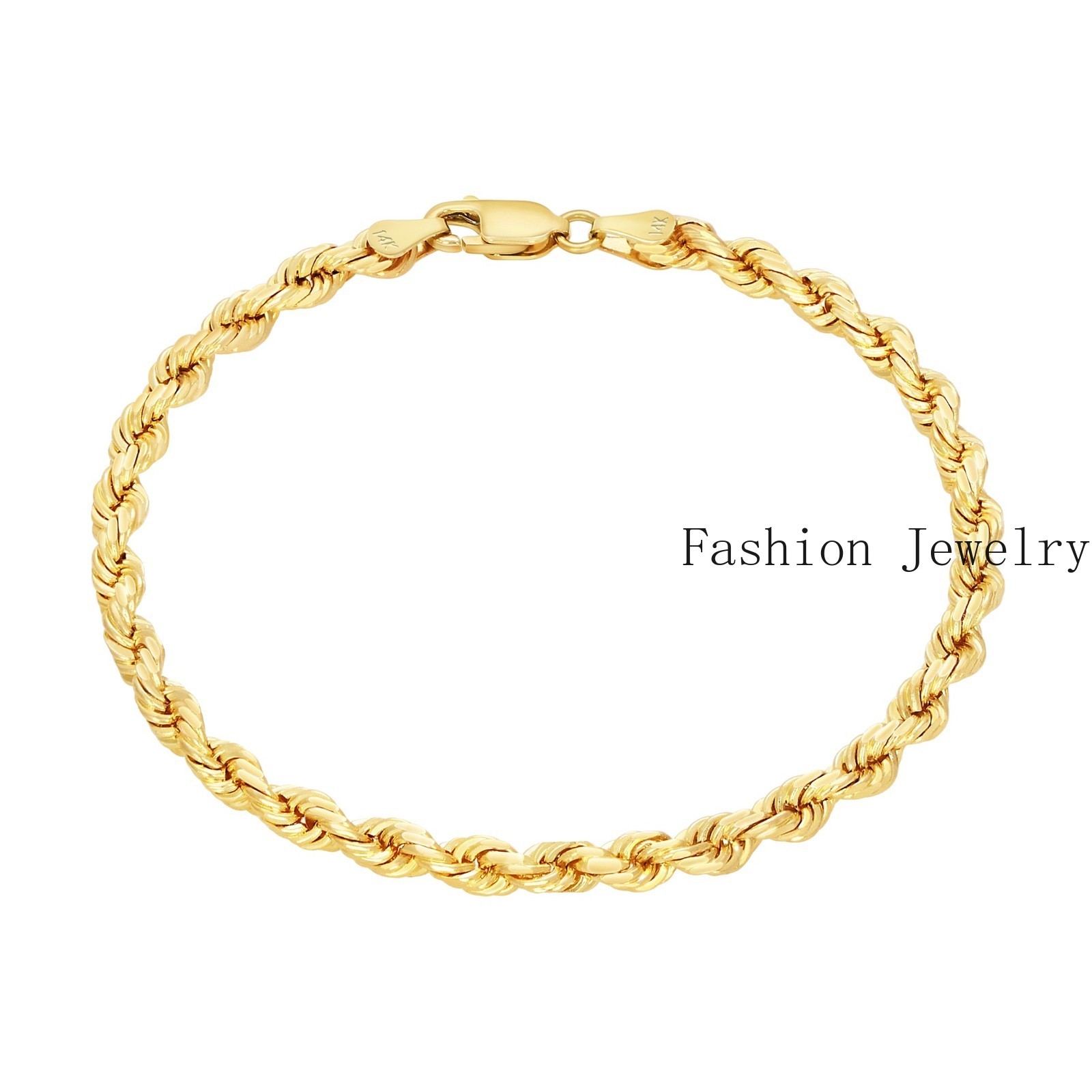 14k Yellow Gold Solid 4mm Diamond Cut Rope Chain Italian Bracelet Mens 8″