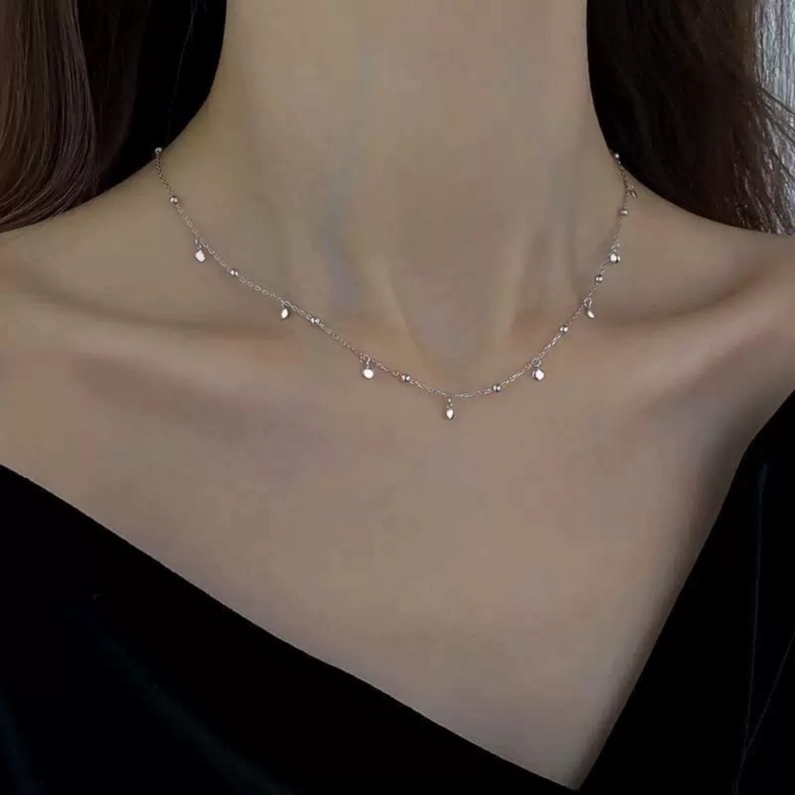 Woman 925 Sterling Silver Plated Station Beads Balls Chain Choker Necklace C44