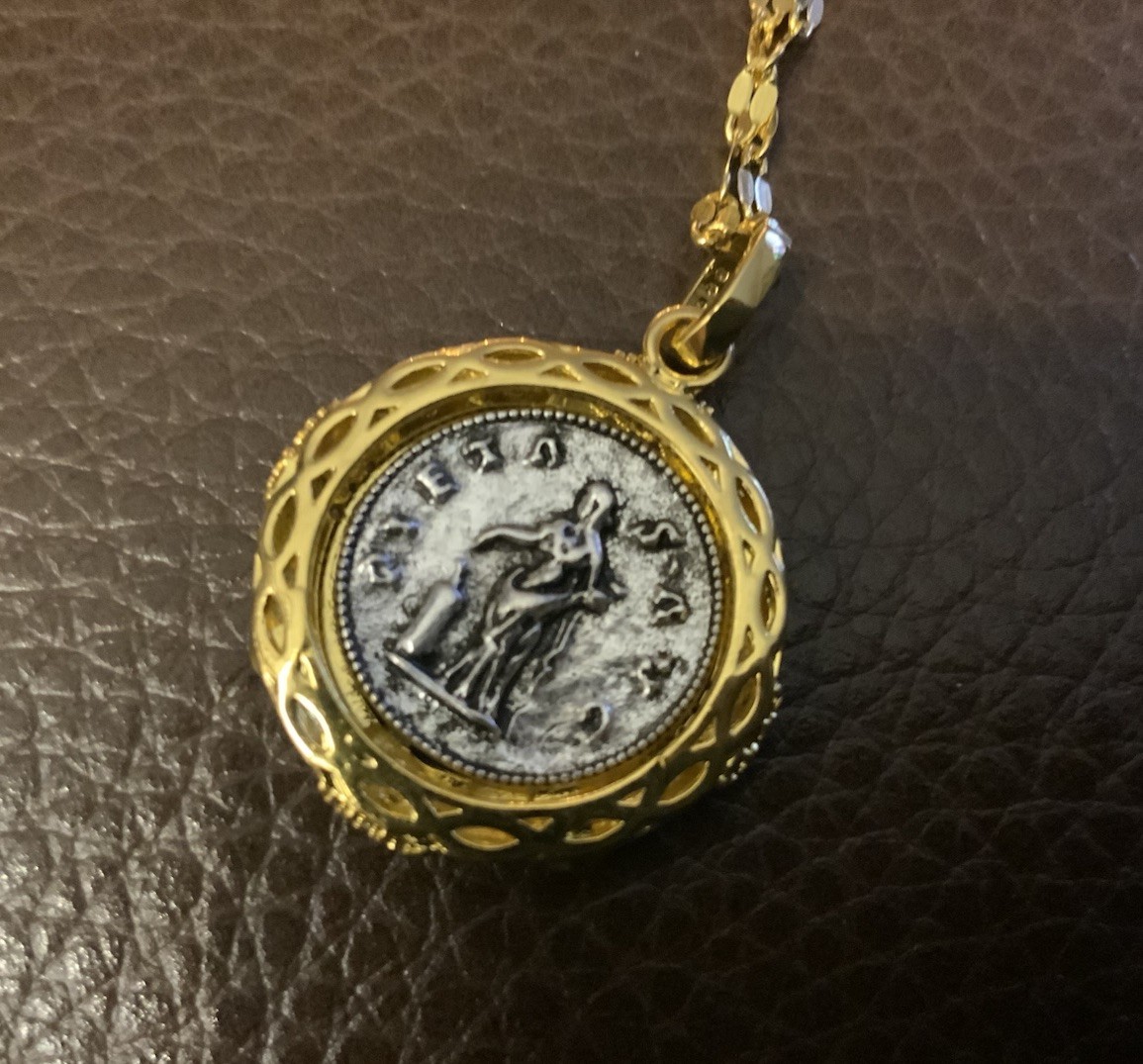 Ancient Greek Roman Coin Medieval Necklace Queen Gold Medallion Pendant CZ Boho