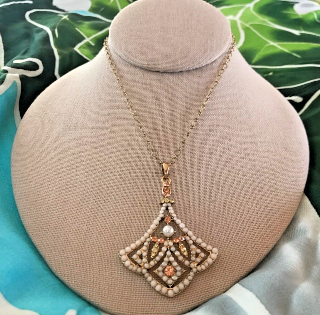 Plunder Gold Tone Pink and clear Rhinestone faux pearl Pendant Necklace