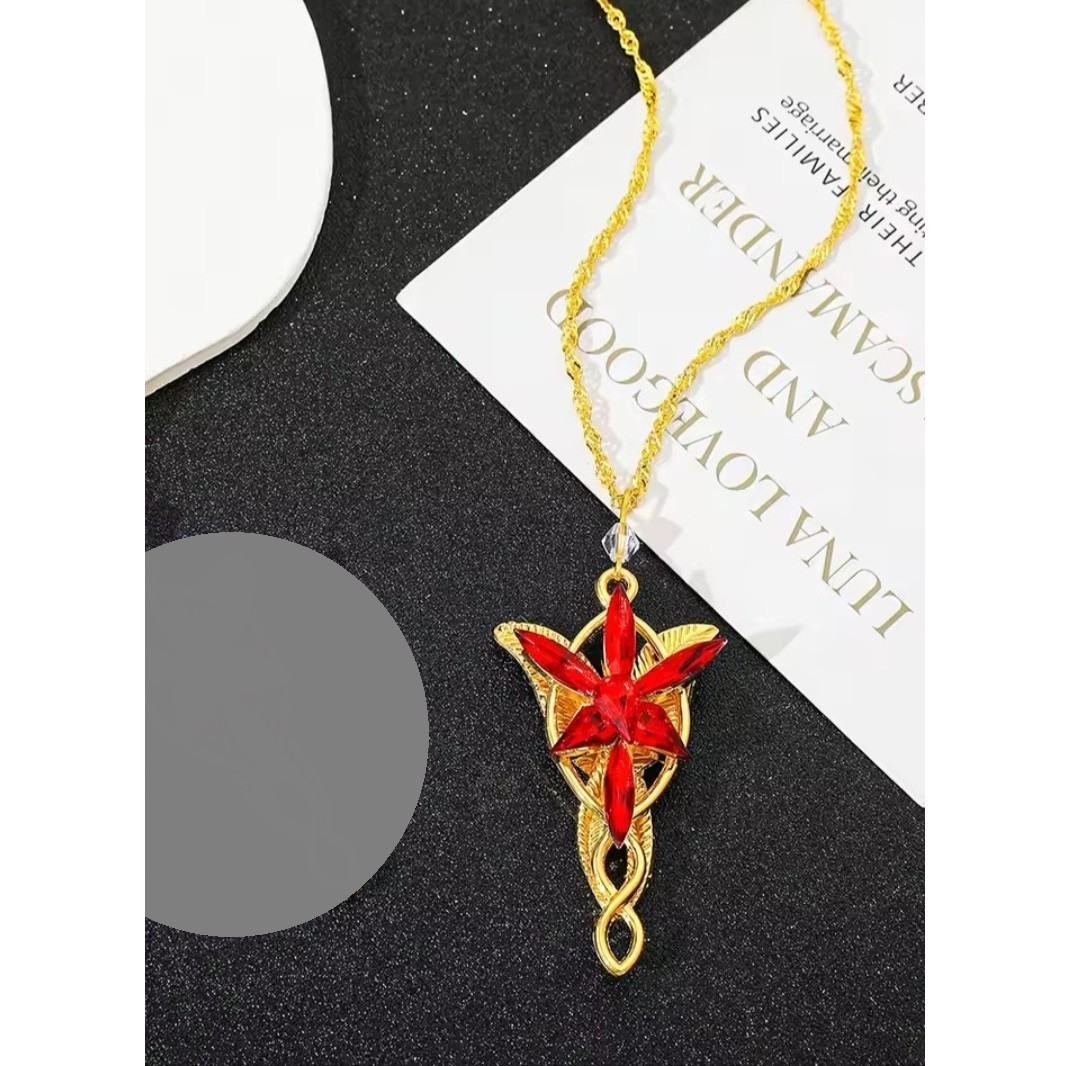 Red on Gold Arwen Evenstar Necklace Aragorn Elven LOTR Lord of Ring & Velvet Bag