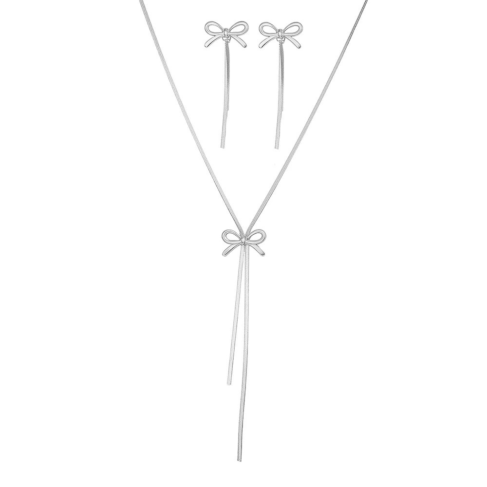 Stainless Steel Bow Tassel Necklace & Earings Women Collar Chain Jewelry Gift