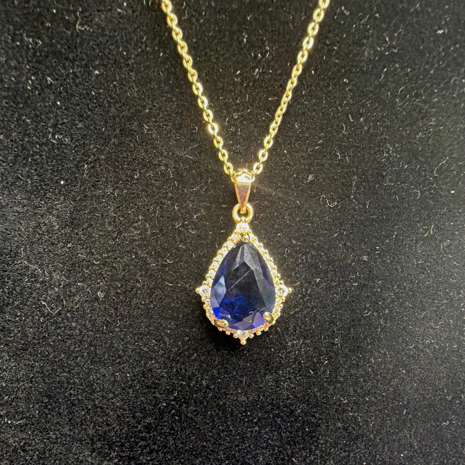 14k Gold Plated Chain Necklace Spring Ring Teardrop Blue Stone Prong Pendant