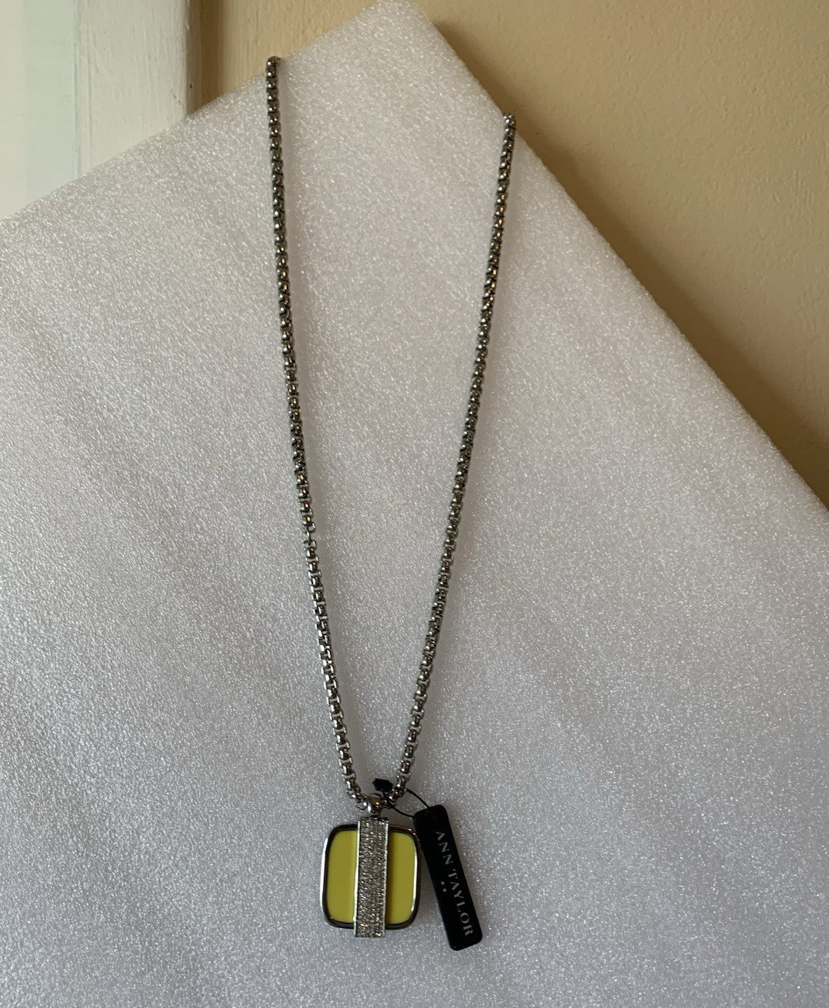 Ann Taylor Silver-Tone Box Chain Necklace, Clear Pavé Square Rhinestone Pendant