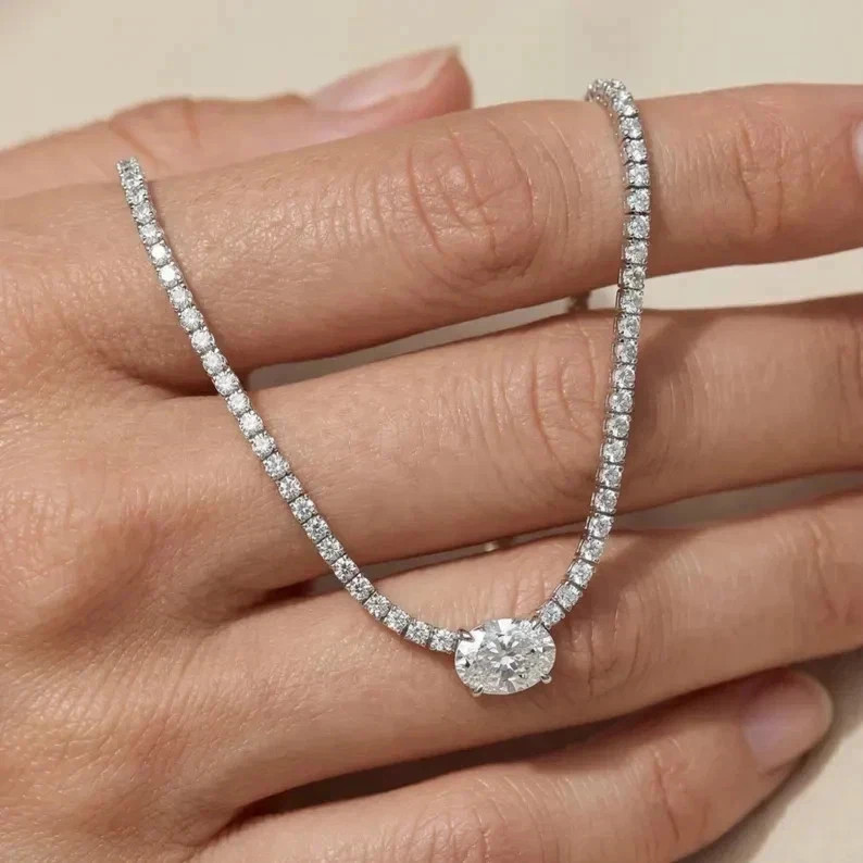 15TCW Oval Cut Lab Created Diamond Tennis Necklace 14k White Gold Plated