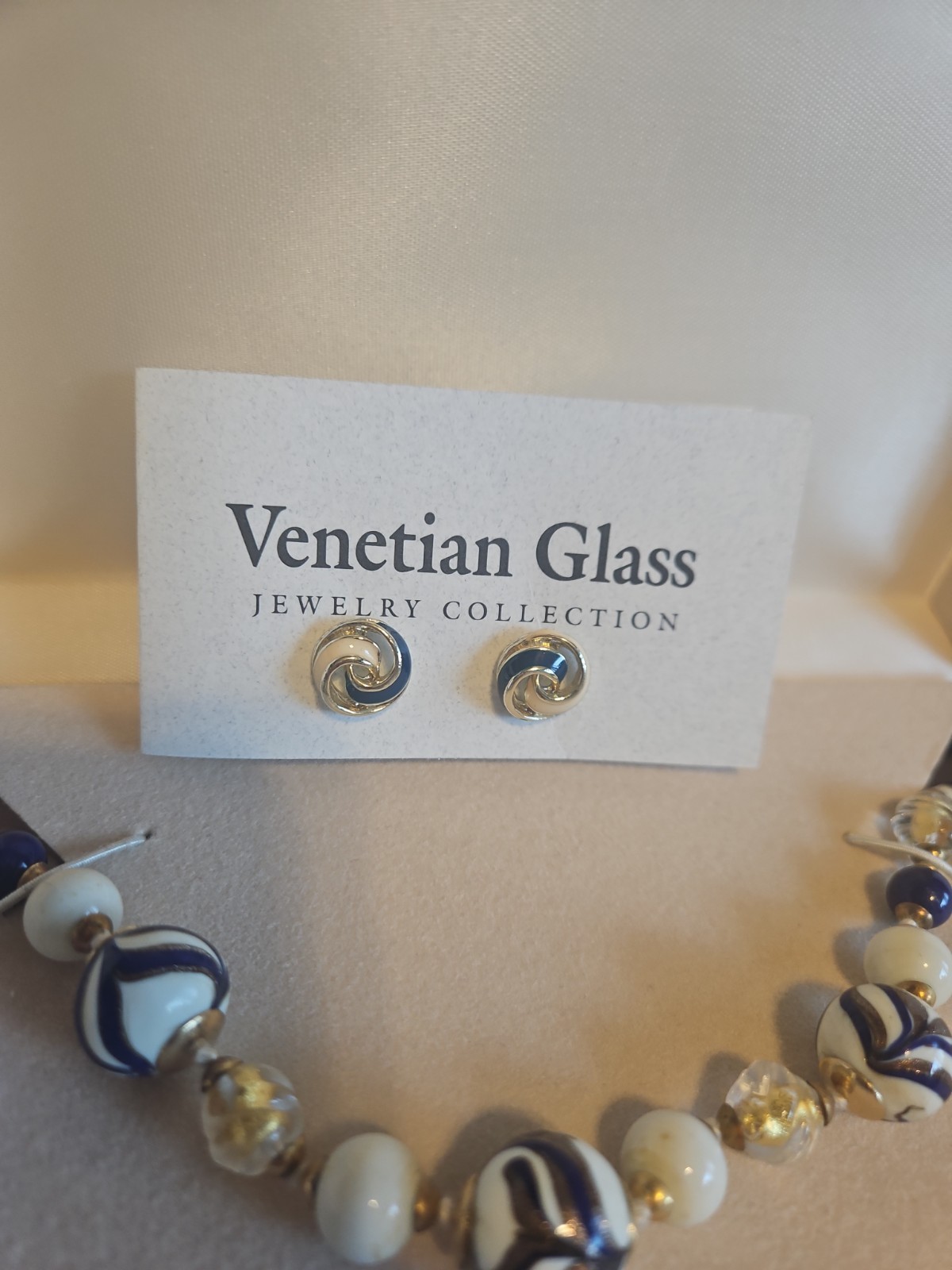 New Venetian Glass Beads NECKLACE And Earrings Navy/ Gold Handcrafted. Boxed