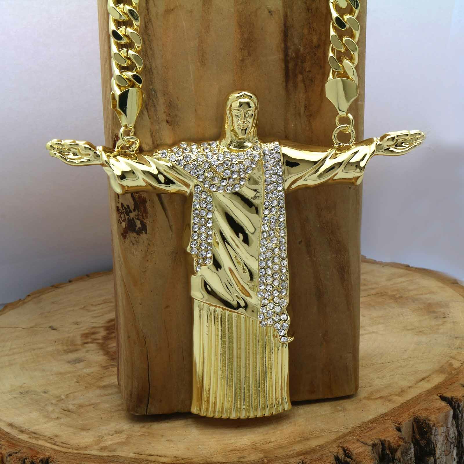 Hip Hop 14k Gold Plated Huge “JESUS” Pendant Cubic Zirconia 30″ Cuban Chain (H)