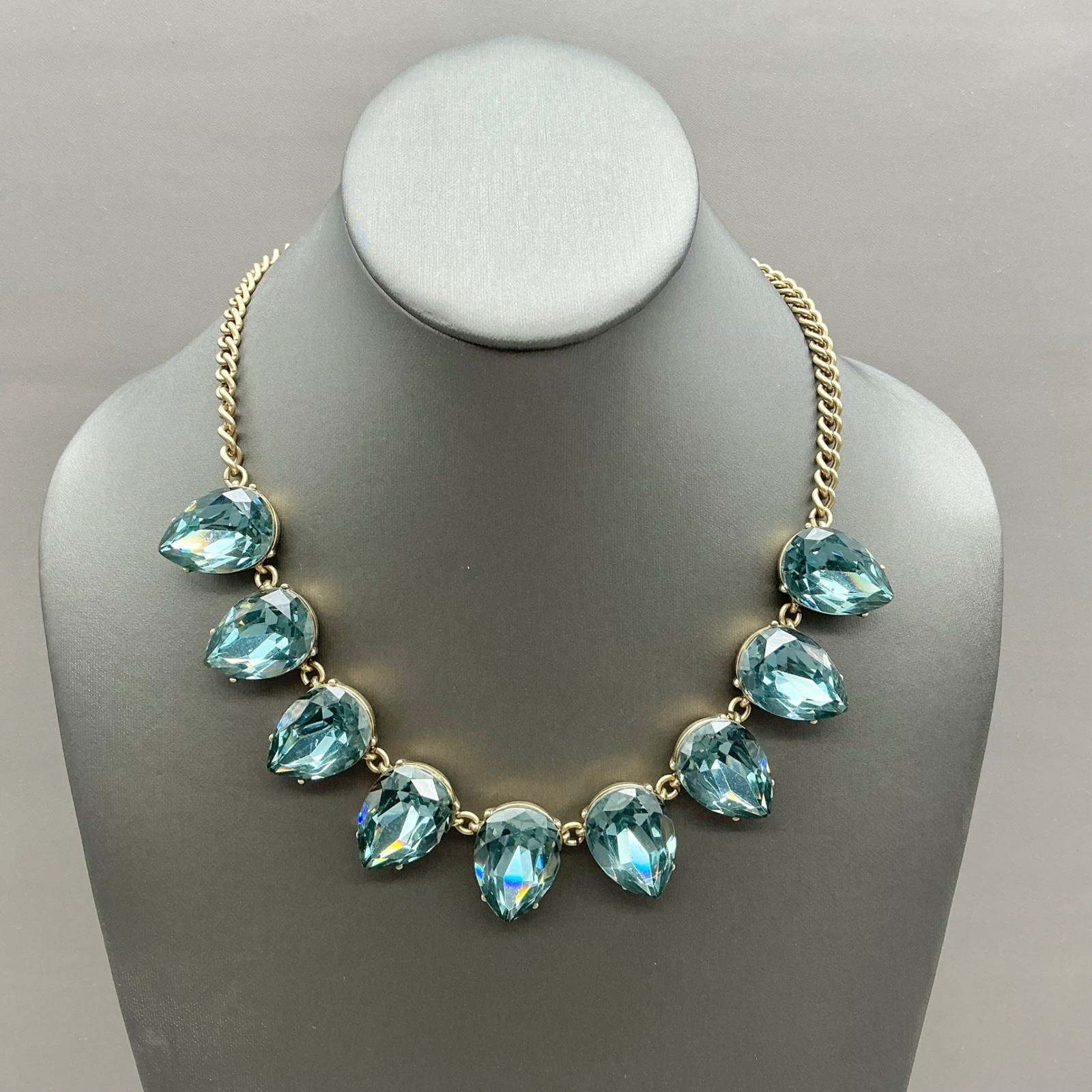 J.Crew Necklace Blue Crystal Statement Bib Gold Tone Teardrop Adjustable 16-18″