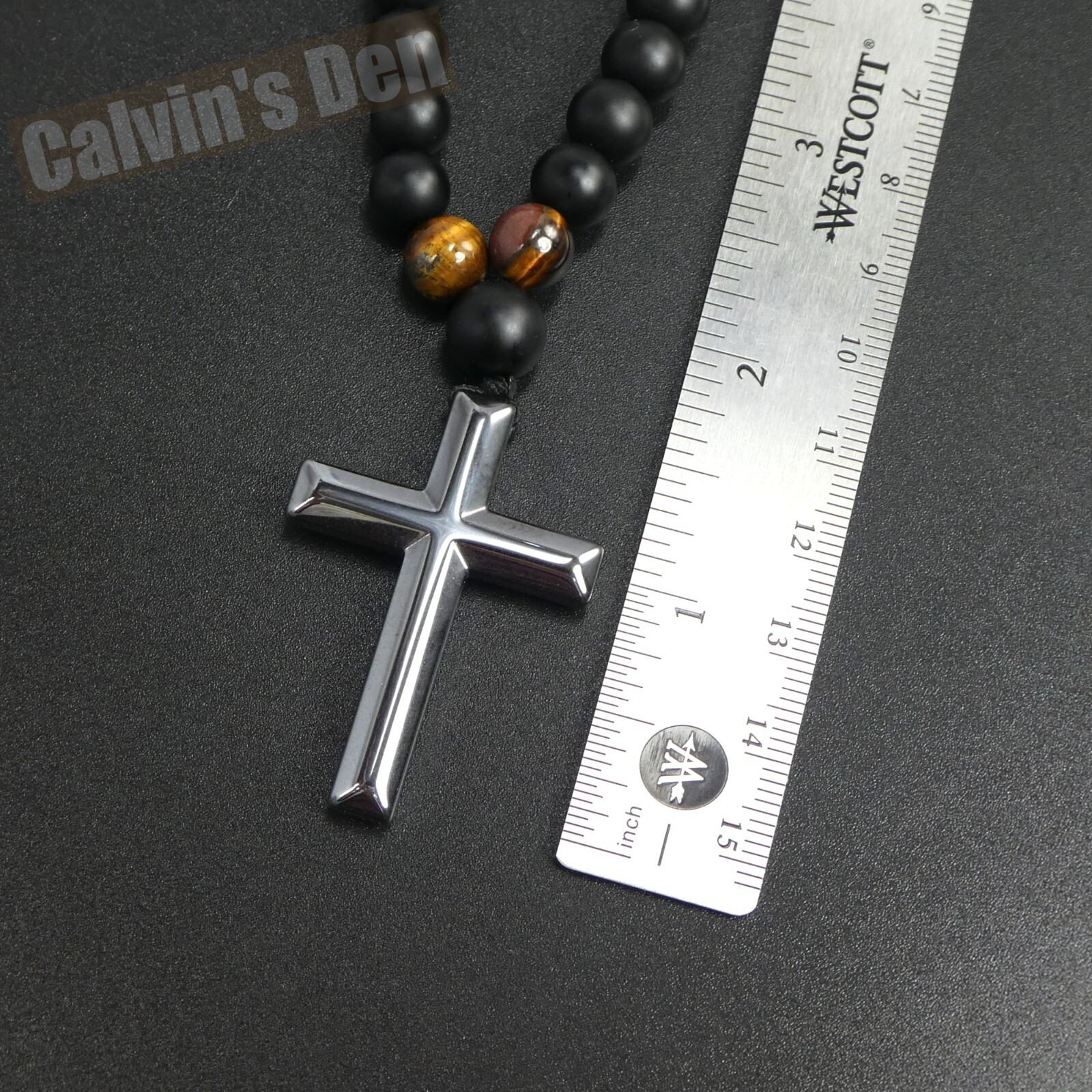 Black Obsidian Tiger Eye Black Hematite Cross Pendant Necklace Men Women Gift